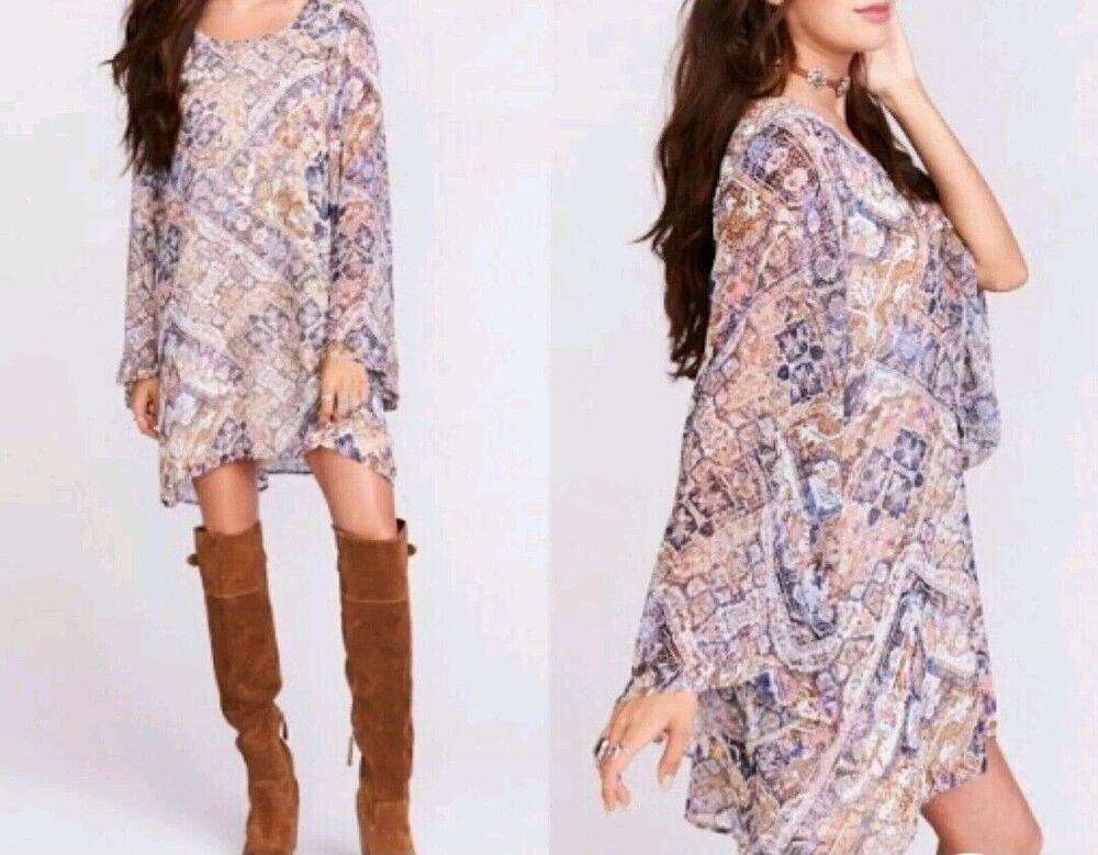 Show Me Your MuMu Sheer Bell Sleeve Boho Pattern Dress Mini Lined Bohemian Flowy